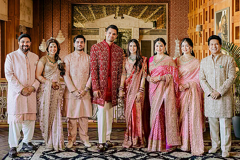 Cricketer Sachin Tendulkar, with wife Anjali Tendulkar, daughter Sara Tendulkar, and others during his son's Arjun Tendulkar and industrialist Ravi Ghai’s granddaughter Saaniya Chandhok wedding ceremony, in Mumbai