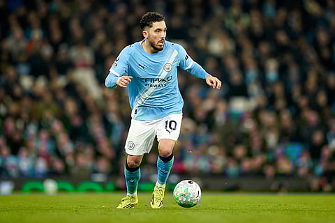 Manchester United's Matheus Cunha controls the ball during the English Premier League soccer match between Manchester City and Nottingham Forest in Manchester, England.