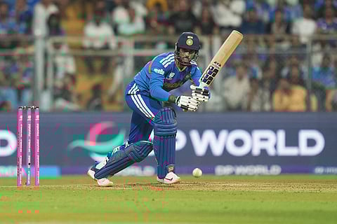 India's Tilak Varma plays a shot during the T20 World Cup cricket semi-final match between India and England in Mumbai, India.