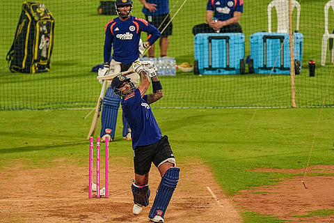India's captain Suryakumar Yadav and Tilak Varma during a training session ahead of the ICC Men's T20 World Cup 2026 semi-final cricket match between India and England, in Mumbai.