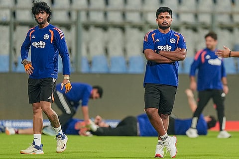 India's Sanju Samson and Tilak Varma, left, during a training session ahead of the ICC Men's T20 World Cup 2026 semi-final cricket match between India and England, in Mumbai.