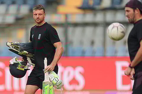 England's Jos Buttler during a training session ahead of the ICC Men's T20 World Cup 2026 second semifinal cricket match between India and England at Wankhede Stadium, in Mumbai.
