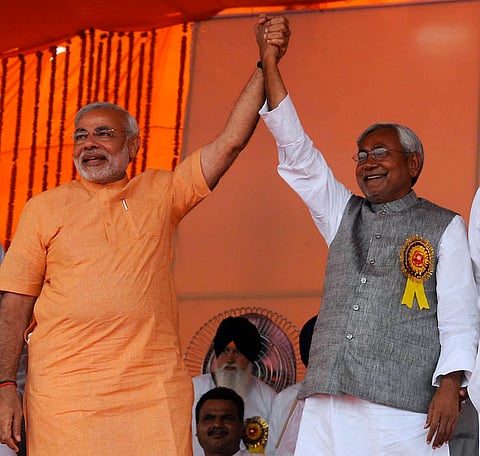 Gujarat Chief Minister Narendra Modi with Bihar Chief Minister Nitish Kumar during NDA's rally, in Ludhiana, Punjab, in this May 10, 2009, file image. 