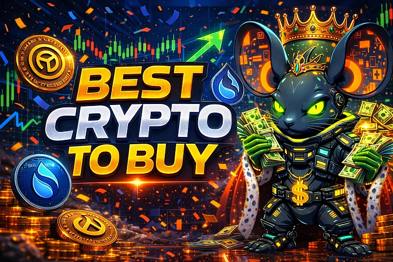 Colorful graphic reading “Best Crypto to Buy” with crowned mouse holding cash and crypto charts