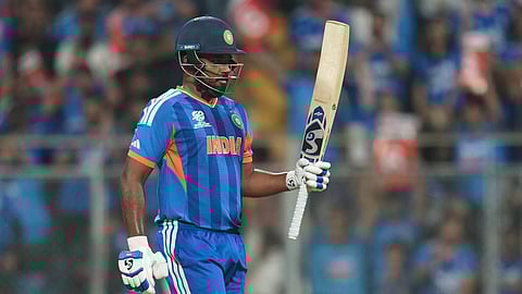 India's Sanju Samson celebrates after scoring fifty runs during the T20 World Cup cricket semi-final match between India and England in Mumbai, India, Thursday, March 5, 2026. 
