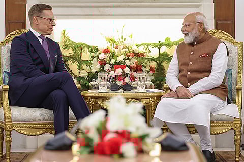 In this image received on March 5, 2026, Prime Minister Narendra Modi with Finland President Alexander Stubb during a bilateral meeting, at Hyderabad House in New Delhi.