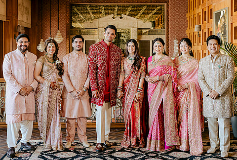 Cricketer Sachin Tendulkar, with wife Anjali Tendulkar, daughter Sara Tendulkar, and others during his son's Arjun Tendulkar and industrialist Ravi Ghai’s granddaughter Saaniya Chandhok wedding ceremony, in Mumbai.