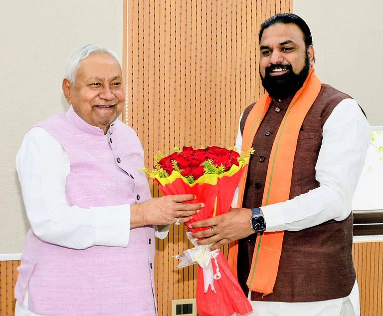 Bihar Chief Minister Nitish Kumar being greets on his birthday by Deputy Chief Minister Samrat Choudhary on March 1, 2026 in Patna, India. - Imago