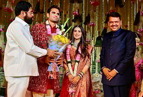 Maharashtra Chief Minister Devendra Fadnavis and state Deputy Chief Minister Eknath Shinde during the wedding ceremony of cricketer Sachin Tendulkar’s son Arjun Tendulkar and industrialist Ravi Ghai’s granddaughter Saaniya Chandhok, in Mumbai. 