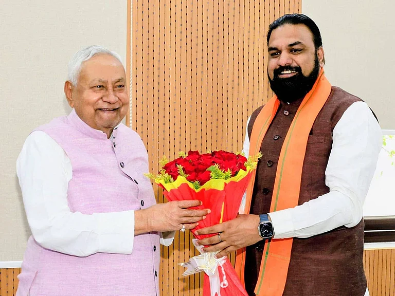 Bihar Chief Minister Nitish Kumar being greets on his birthday by Deputy Chief Minister Samrat Choudhary on March 1, 2026 in Patna, India. - Imago