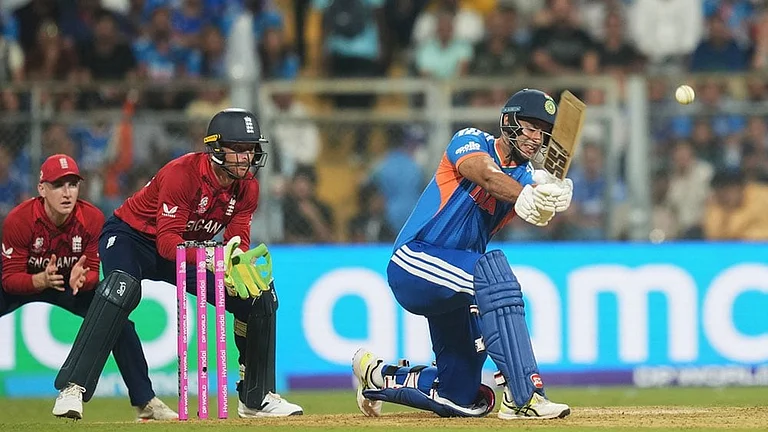 India's Shivam Dube plays a shot during the T20 World Cup cricket semi-final match between India and England in Mumbai, India. - | Photo: AP/Rafiq Maqbool