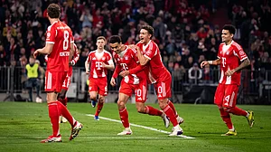 Bayern Munich's Jamal Musiala celebrates his first Bundesliga goal of the season