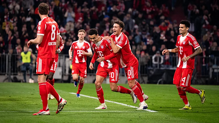 Bayern Munich's Jamal Musiala celebrates his first Bundesliga goal of the season - null