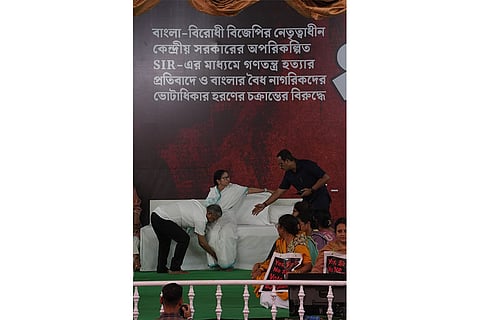 A peaceful protest by Bengal chief minister Mamata Banerjee against the BJP-led central government’s unplanned SIR and the alleged attempt to take away the voting rights of legitimate citizens,in Kolkata.