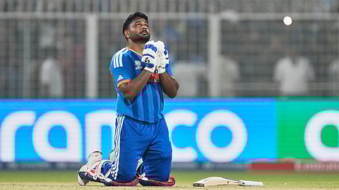 India's Sanju Samson looks to the heavens after India won the T20 World Cup cricket match against West Indies in Kolkata, India, Sunday, March 1, 2026. 