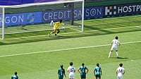 Bangladesh 0-5 North Korea, AFC Women's Asian Cup 2026: Myong Leads Rout In Dominant DPRK Win | Photo: AP/Rick Rycroft : North Korea's Myong Yu Jong, right, scores against Bangladesh's goalkeeper Mile Akter from a penalty during their Women's Asian Cup match in Sydney, Friday, March 6, 2026.