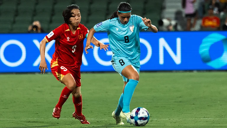 India's Sanju Yadav in action during the AFC Women's Asian Cup match against Vietnam on March 4, 2026. - | Photo: AIFF