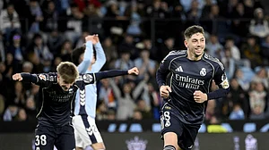 Federico Valverde celebrates his winner for Real Madrid against Celta Vigo.