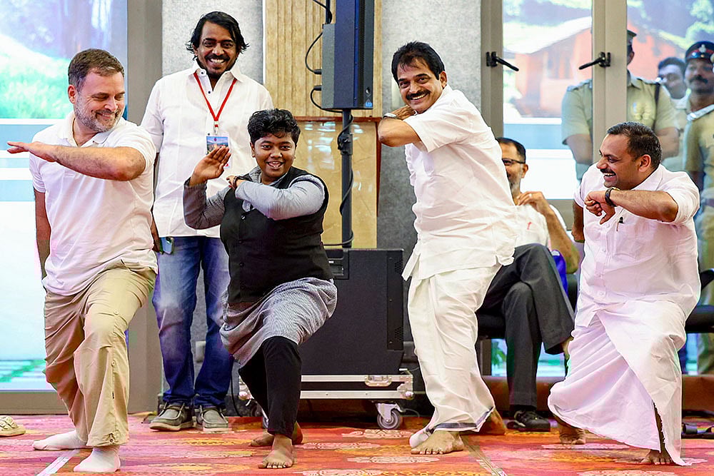 In this image received on March 6, 2026, Leader of Opposition in the Lok Sabha Rahul Gandhi, Congress leader KC Venugopal and others during an interaction with students at Marian College, Kuttikkanam, in Idukki district, Kerala. - | Photo; AICC via PTI