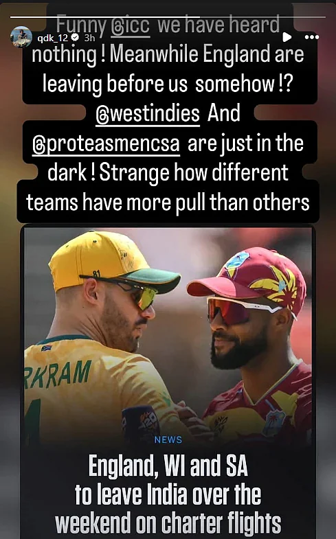 Quinton de Kocks Instagram Story