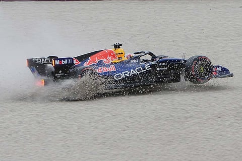 Red Bull driver Max Verstappen of the Netherlands spins off the track during the qualifying session for the Australian Formula One Grand Prix at Albert Park, in Melbourne, Australia.