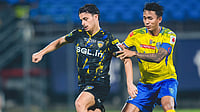 Kerala Blasters 0-1 Chennaiyin FC LIVE Score, ISL: Imran Puts Marina Machans Ahead In Southern Derby | Photo: Instagram/indiansuperleague : Chennaiyin FC's Inigo Martin with Kerala Blasters' Bikash Yumnam during their Indian Super League match on March 7, 2026.