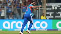 | Photo: AP/Rafiq Maqbool : India's Jasprit Bumrah celebrates the dismissal of England's captain Harry Brook during the T20 World Cup cricket semi-final match between India and England in Mumbai, India.