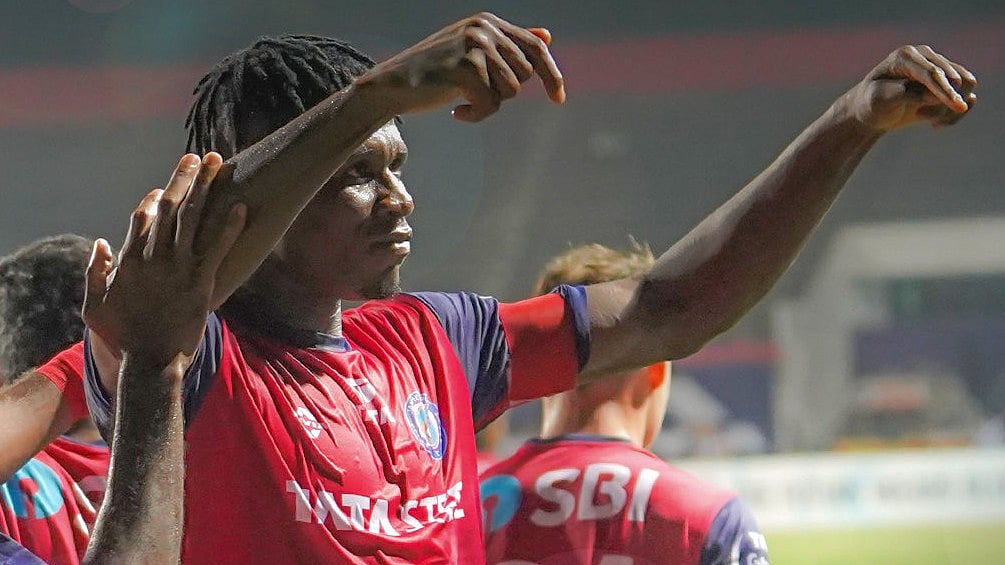 Steven Eze celebrating after scoring a goal in Jamshedpur FC vs Inter Kashi, ISL 2025-26 match in Jamshedpur.  - JamshedpurFC/X