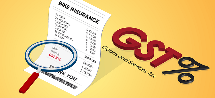Illustration of bike insurance bill with magnifying glass highlighting GST tax