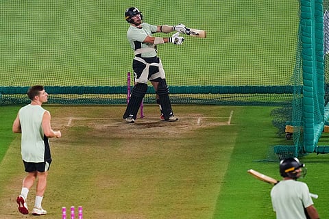 New Zealand's Glenn Phillips, back, and others during a practice session ahead of the ICC Men's T20 World Cup 2026 final cricket match between India and New Zealand, at the Narendra Modi Stadium, in Ahmedabad, Gujarat