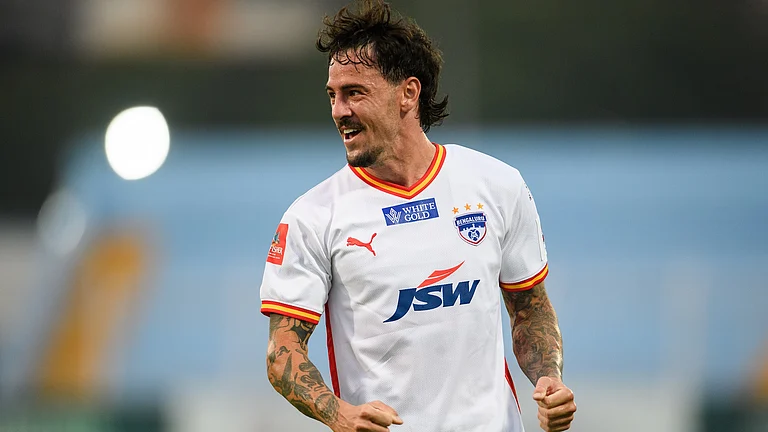 Bengaluru FC's Ryan Williams celebrates after scoring in the Indian Super League match against Mohammedan SC on Marchv 7, 2026. - | Photo: AIFF