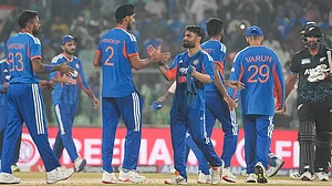 | Photo: PTI/R SenthilKumar : India's players celebrate after winning the fifth and final T20 International cricket match between India and New Zealand, at the Greenfield International Stadium, in Thiruvananthapuram, Kerala.
