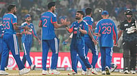 | Photo: PTI/R SenthilKumar : India's players celebrate after winning the fifth and final T20 International cricket match between India and New Zealand, at the Greenfield International Stadium, in Thiruvananthapuram, Kerala.