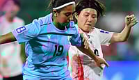 afcasiancup/X : Indian footballers competing with the Japan footballers for the ball during India vs Japan AFC Women's Asian Cup 2026 match. 
