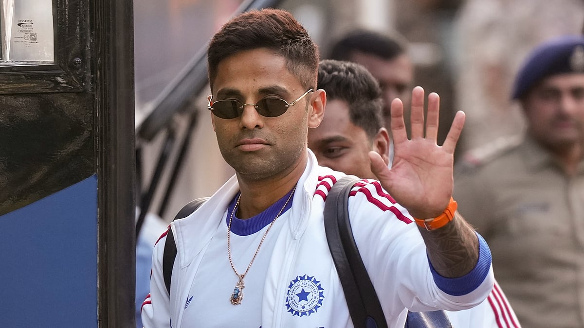  India's captain Suryakumar Yadav arrives ahead of the ICC T20 World Cup 2026 final against New Zealand, at Sardar Vallabhbhai Patel International Airport in Ahmedabad. - PTI