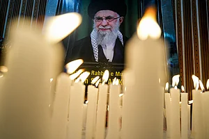 | Photo: PTI/Karma Bhutia : Candles lit during a condolence meeting for Iran's Supreme Leader Ayatollah Ali Khamenei who was killed in US-Israel joint strikes, in New Delhi.