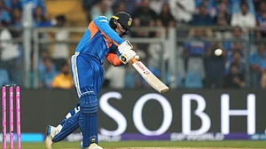 (AP Photo/Rafiq Maqbool) : India's Abhishek Sharma plays a shot during the T20 World Cup cricket semi-final match between India and England in Mumbai, India, Thursday, March 5, 2026.