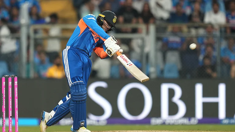 India's Abhishek Sharma plays a shot during the T20 World Cup cricket semi-final match between India and England in Mumbai, India, Thursday, March 5, 2026. - (AP Photo/Rafiq Maqbool)