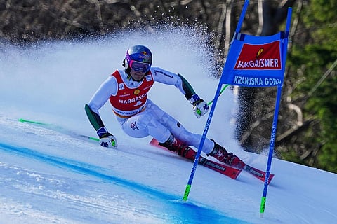 Brazil's Lucas Pinheiro Braathen competes during an alpine ski, men's World Cup giant slalom, in Kranjska Gora, Slovenia.