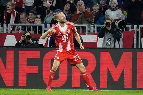 Bayern's Konrad Laimer celebrates after scoring his side's second goal during the Bundesliga soccer match between FC Bayern Munich and Borussia Moenchengladbach in Munich, Germany.
