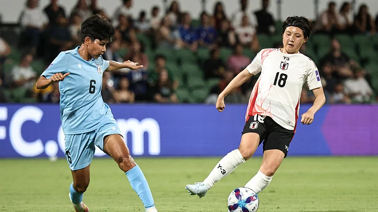 India and Japan footballers in action at the Perth Rectangular Stadium in Perth in the AFC Women's Asian Cup 2026. - AIFF
