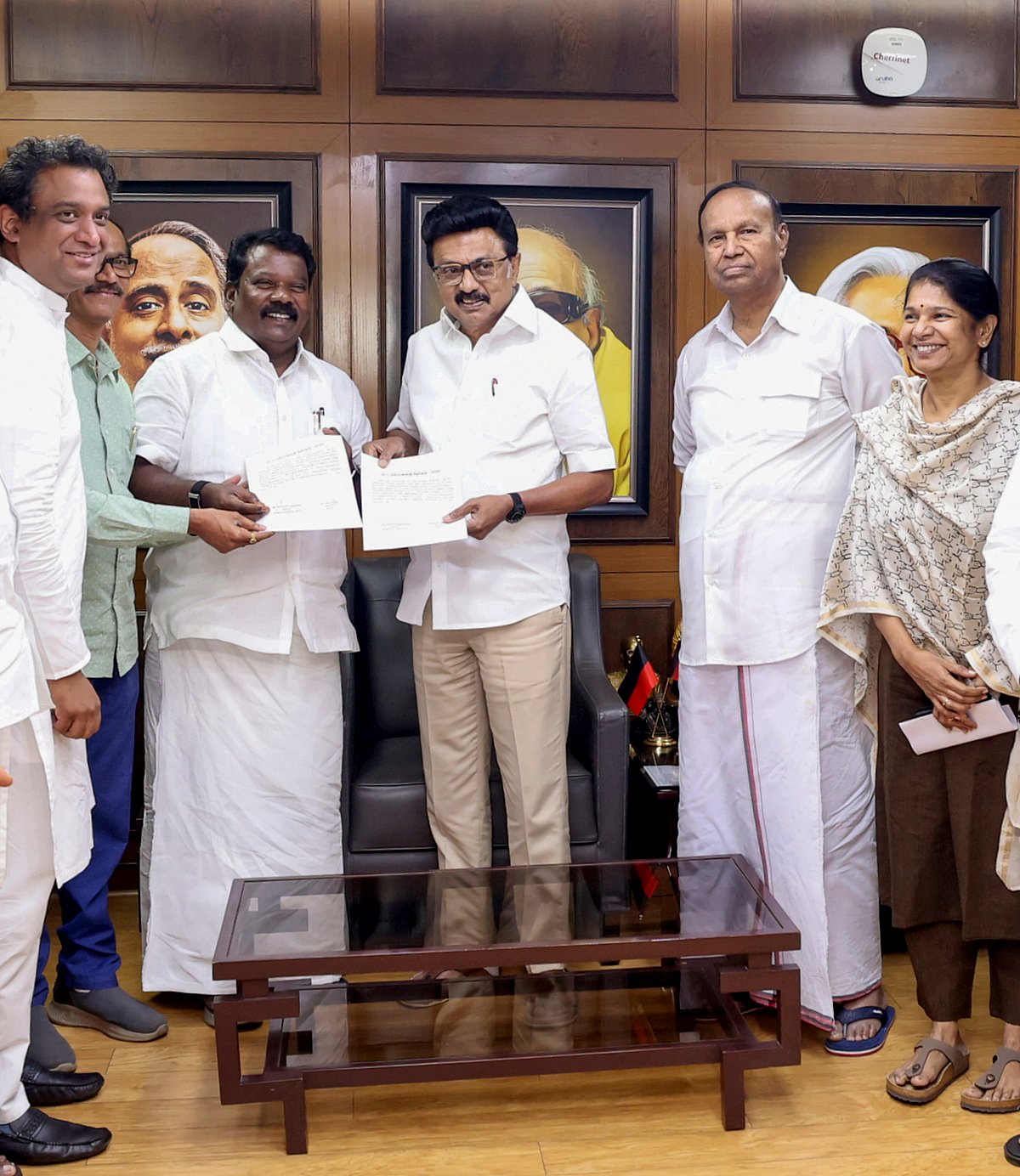 Tamil Nadu Chief Minister and DMK chief MK Stalin with party leaders T. R. Baalu, Kanimozhi Karunanidhi during seat-sharing talks with state Congress President K. Selvaperunthagai, AICC state in-charge Girish Chodankar and other party representatives, ahead of the Tamil Nadu Assembly elections, at Anna Arivalayam, DMK headquarters, in Chennai, Wednesday - PTI