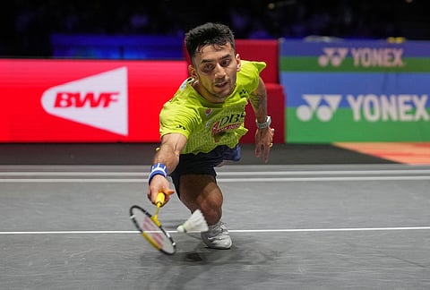 India's Lakshya Sen plays against Canada's Victor Lai during the men's singles semifinal match at the All England Open Badminton Championships in Birmingham, England.