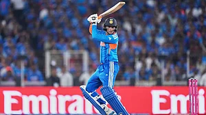 (AP Photo/Ajit Solanki) : India's Abhishek Sharma plays a shot during the T20 World Cup cricket final match between India and New Zealand in Ahmedabad, India, Sunday, March 8, 2026