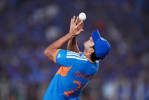 India's Shivam Dube fails to catch New Zealand's Finn Allen out during the T20 World Cup cricket final match between India and New Zealand in Ahmedabad.