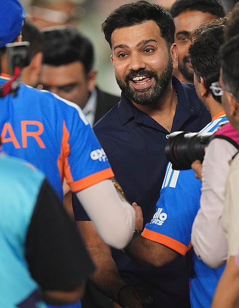 Indian cricketer Rohit Sharma celebrates after winning the ICC Men's T20 World Cup 2026, at Narendra Modi Stadium, in Ahmedabad, Gujarat.
