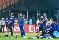 India Vs New Zealand, T20 World Cup Final: Men In Blue Gear Up For Ahmedabad Blockbuster | Photo: PTI/Shailendra Bhojak : India's captain Suryakumar Yadav, Arshdeep Singh, Ishan Kishan and others during a training session on the eve of the ICC Men's T20 World Cup 2026 final cricket match between India and New Zealand, at the Narendra Modi Stadium in Ahmedabad, Gujarat.