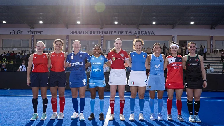 Captains pose for a photograph together ahead of the start of the FIH Women's Hockey World Cup Qualifiers in Hyderabad. - Photo: Hockey India