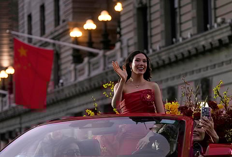 Olympic gold medalist and Grand Marhsal Eileen Gu waves during the Chinese New Year Parade in San Francisco.