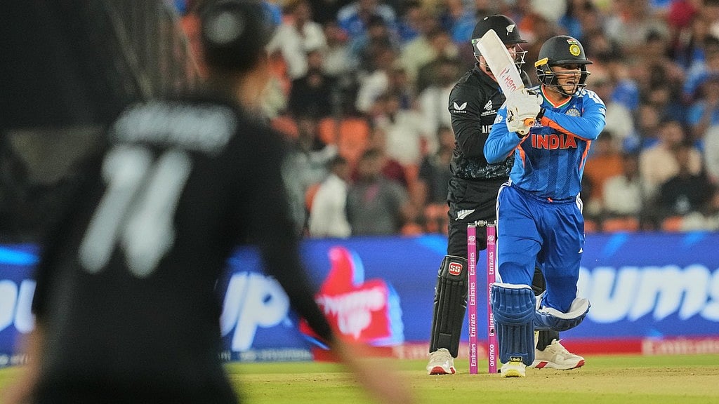 India's Abhishek Sharma reacts after hitting a shot during the T20 World Cup cricket final match between India and New Zealand in Ahmedabad, India, Sunday, March 8, 2026. - AP Photo/Rafiq Maqbool